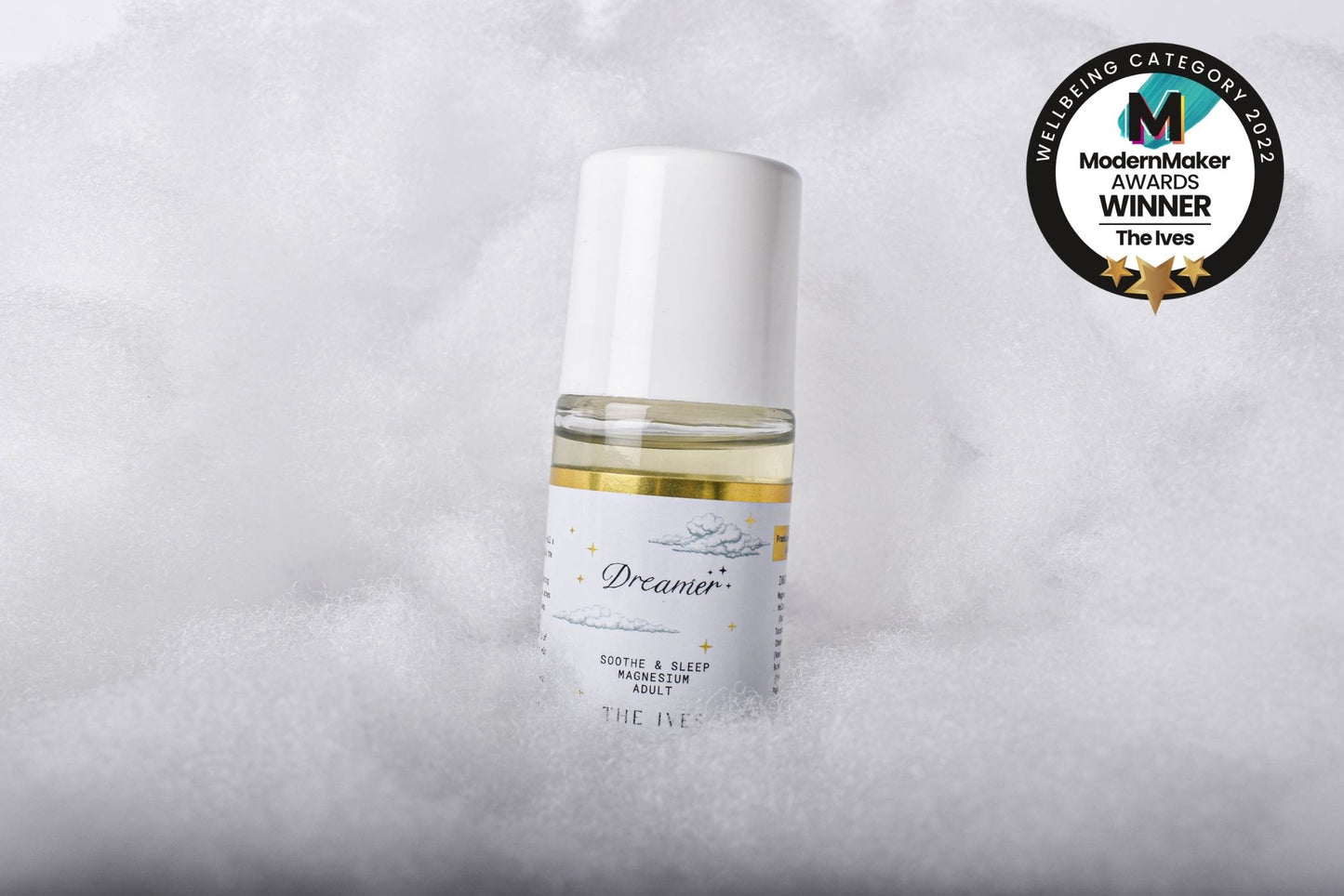 Restless leg roller magnesium for insomnia, sleep better naturally, roller in clouds with award for The Ives winning The well-being category