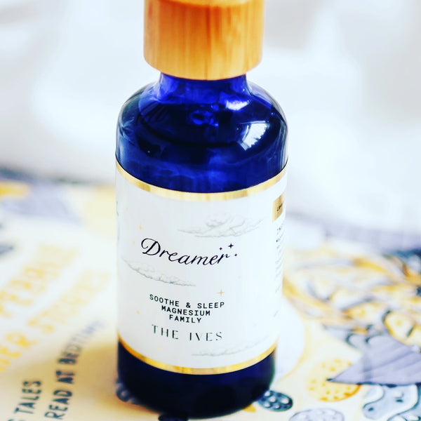 Sleep help, children's sleep oil, theives, the ives, magnesium oil, essential oils blend lavender chamomile, kids calm soothe, blue glass bottle, sustainable natural sleep aid, handmade uk